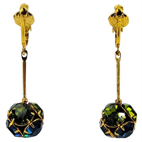 Vintage Blue and Green Rhinestone Dangle Clip-On Earrings