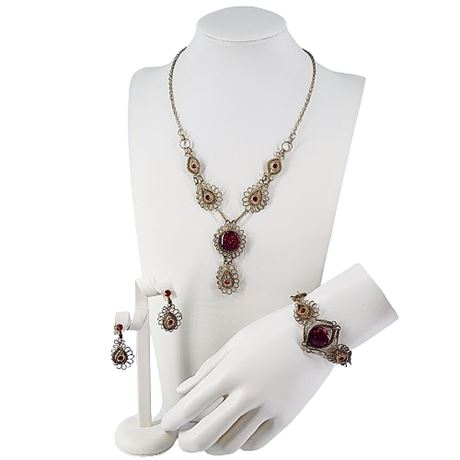 Vintage Silesian Iron Wirework Necklace, Bracelet, & Earrings Set