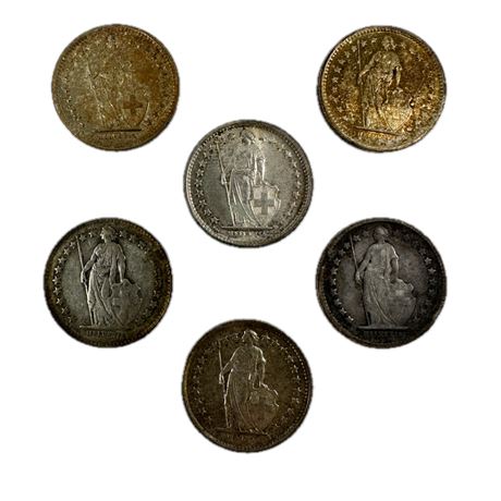 Lot of 6 83.5% Silver Swiss Confederation 1/2 Francs