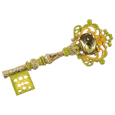 Vintage Tortolani Large Enamel Skeleton Key Brooch w/ Glass Cabochon
