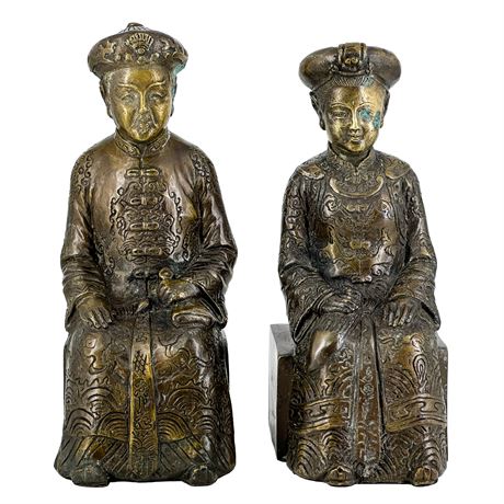Vintage Chinese Bronze Seated Emperor and Empress