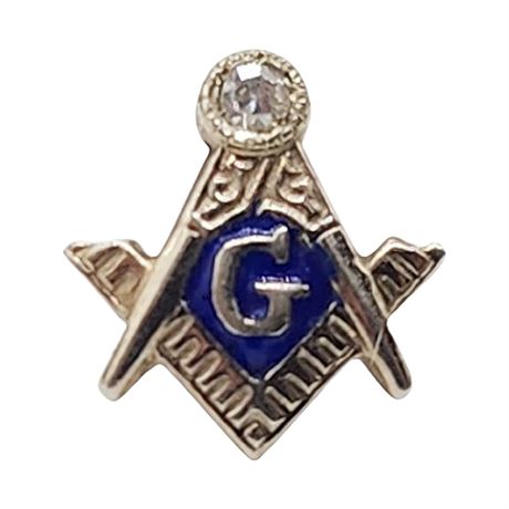 Vintage 14K White Gold & Diamond Masonic Square & Compass Mini Screwback Pin