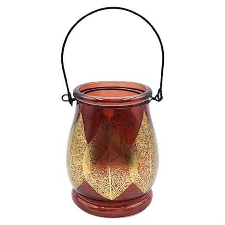 Flashed Plum Glass Lantern w/ Gold Leaves