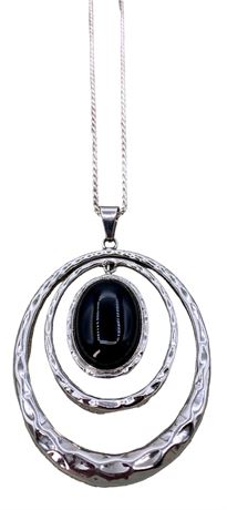 Stunning Hammered 3” Sterling Silver & Onyx Layered Pendant & 925 Chain