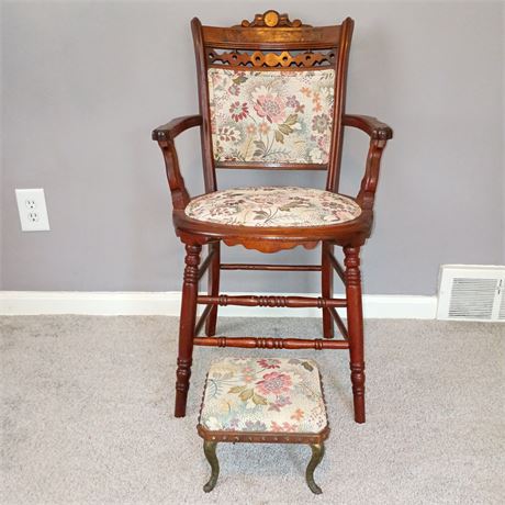 Antique Victorian-Style Wooden Armchair with Matching Tapestry Footstool