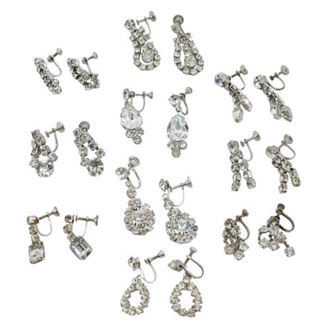 Ten Pairs Vintage Silver Tone Clear Rhinestone Screwback Earrings