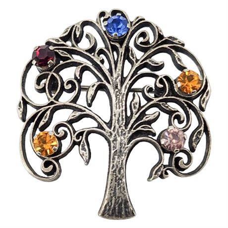 Vintage ANSON Sterling Silver Rhinestone Tree Brooch