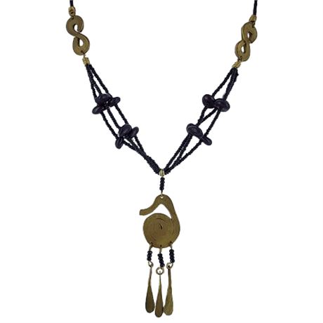 Vintage Brass & Black Seed Bead Tribal Style Necklace