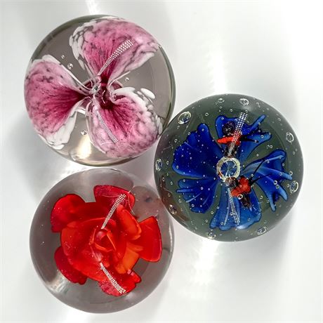 Trio of Vintage Floral Art GlassPaperweights - Rose, Lily and Blue Chrysanthemum