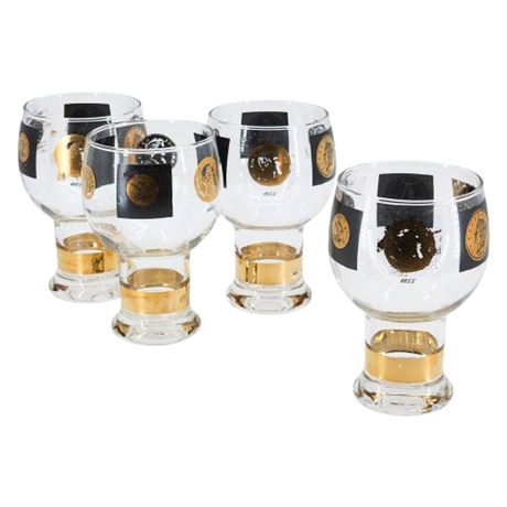 Mid-Century Federal Glass Black & Gold Coin Pattern Beer Glasses, Set of 4