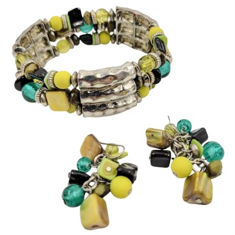 Yellow and Black Beaded Stretch Bracelet and Dangle Earring Set