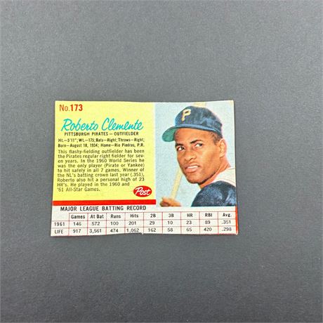 1962 Post Roberto Clemente Red Lines Hand Cut #173