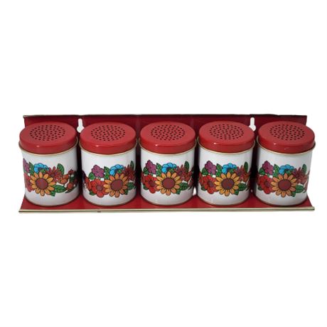 Vintage Tin Litho Flowers Action Industries 5 Kitchen Spice Shakers