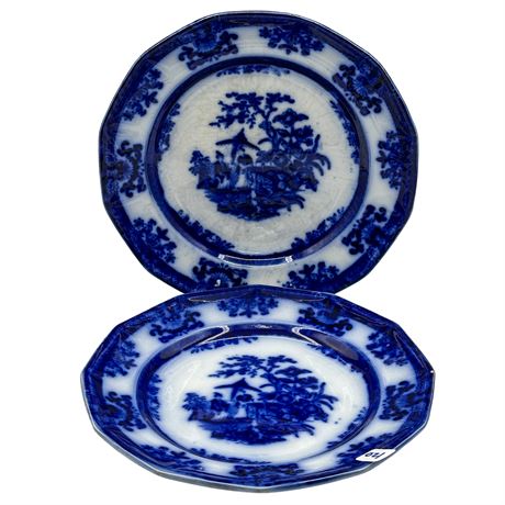 Pair of Antique Davenport "Amoy" Flow Blue Dinner Plates