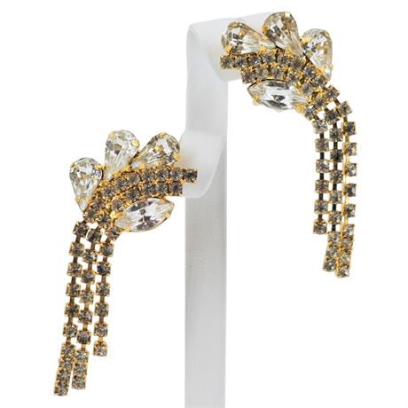 Vintage Gold Tone Prong Set Rhinestone Fringe Clip Earrings