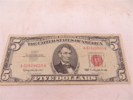 1963 $5 Federal Reserve Note # A 02828620 A