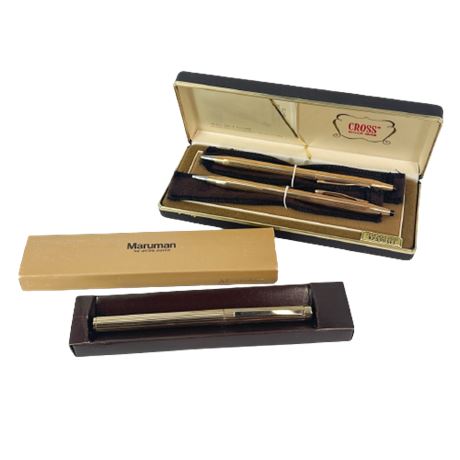 Vintage 14K Gold Filled Cross Pen Set & Maruman Lighter