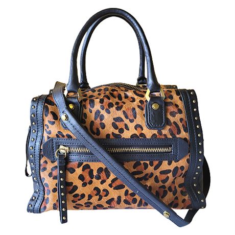 Oryany Leopard Print Calf Hair Studded Leather Trim Handbag