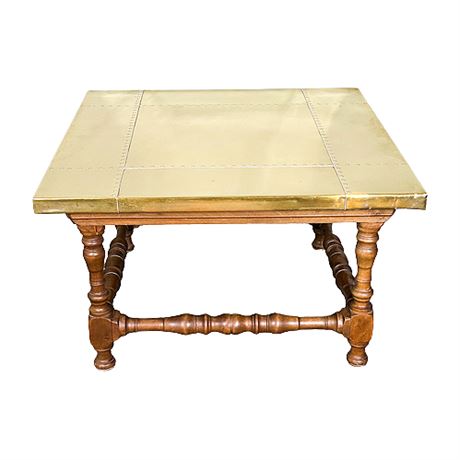 Spanish Revival Brass Top Side Table w/ Turned Wood Legs