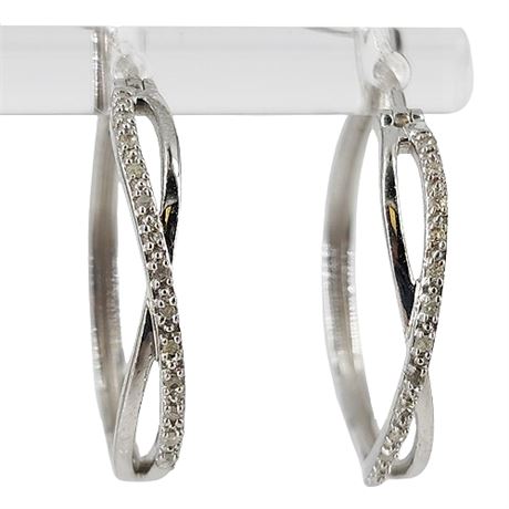 Signed ALLURE GEMS Sterling Silver Diamond Hoop Earrings