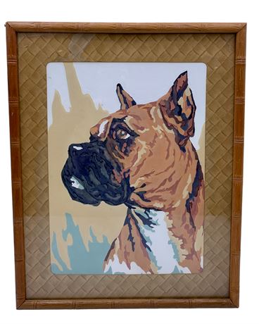1940s era Boxer Dog Oil Painting in Carved Bamboo Frame