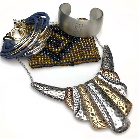 Vintage Reed Barton Cuff, Metal Fringe Necklace, Beaded Woven Stretch Bracelet