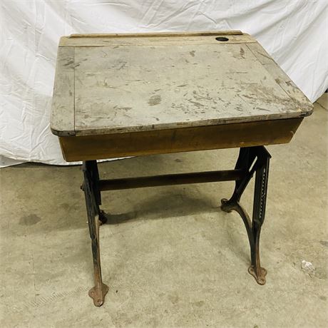 Antique School Desk w/ Cast Iron Legs