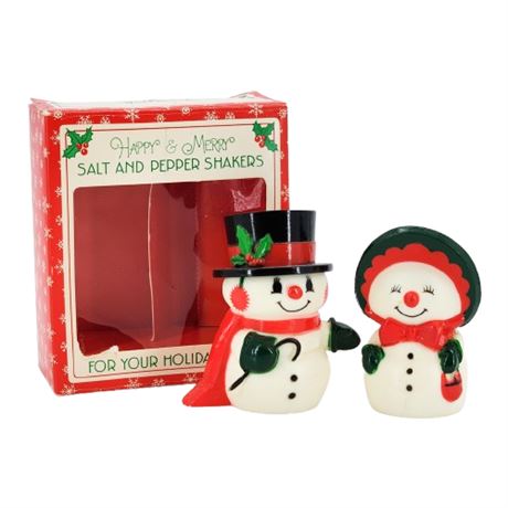 Vintage Hallmark Happy & Merry Snowman Couple Salt & Pepper Shakers in Box