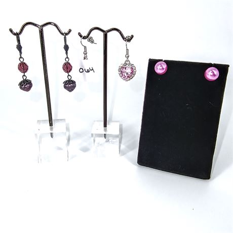 Lot of 3 Pairs Purple Earrings – Studs, Beaded Dangles & Rhinestone Heart Drops