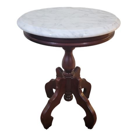 Kimball White Italian Marble Round Side Table with Mahogany Base