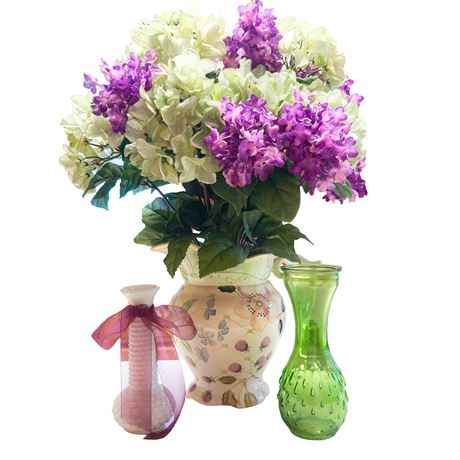 Lot of 3 Decorative Vases & Faux Flowers
