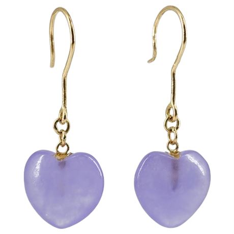 Vintage Signed WAN 14K Gold Lavender Jade Heart Earrings