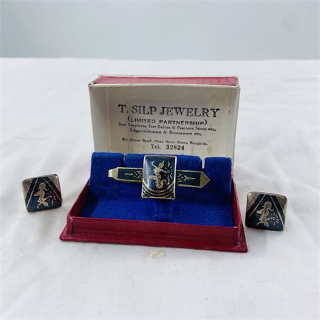 17.5g Antique Siam Sterling Cufflinks and Clip in Orig Box