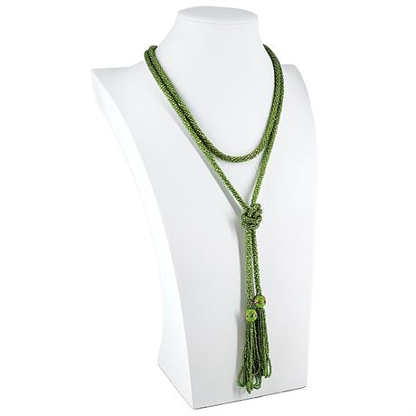 Vintage Art Deco Green Beaded Tassel Lariat Flapper Length Necklace
