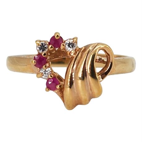 Vtg Gold Tone Genuine Ruby & CZ Heart Ring, Sz 11