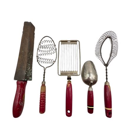 Antique Wood Handle with Red Paint Kitchen Utensils
