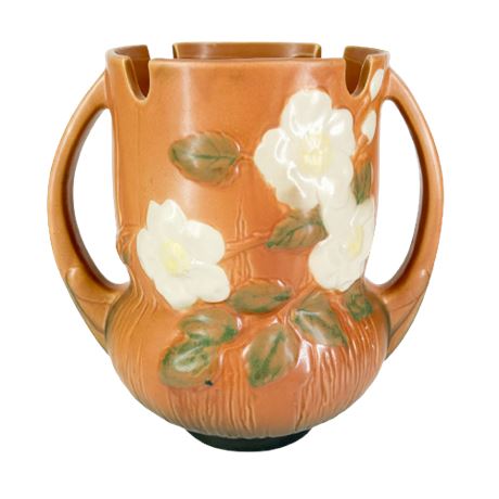 Roseville Pottery White Rose Double Handled Vase