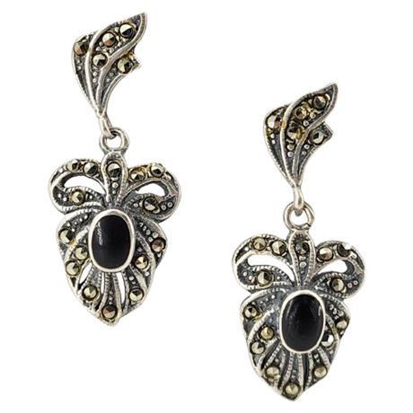 Vintage Sterling Silver, Marcasite, & Black Onyx Pierced Earrings