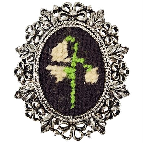 Vintage Floral Needlepoint Silver Tone Frame Brooch
