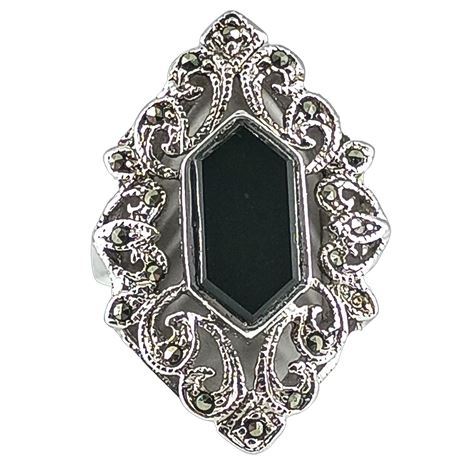 Deborah Armstrong Company Silver-Plated Marcasite and Faux Onyx Ring, Size 7.5