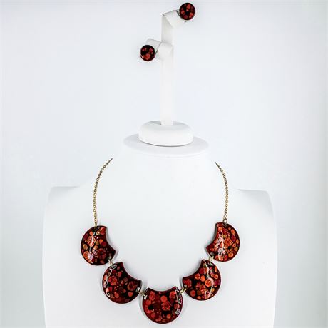Artisan Red Mosaic Statement Necklace & Matching Stud Earrings