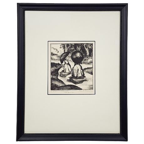 Signed Charles F. Ramus "Women with Parasols" Etching