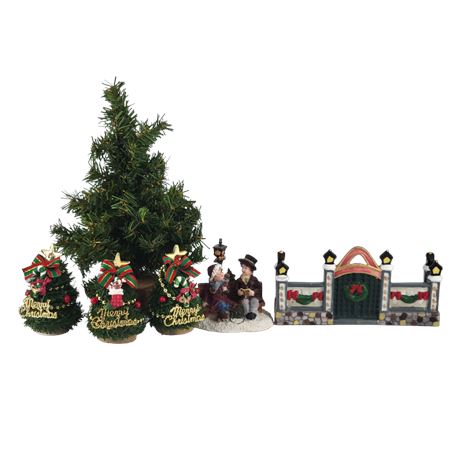 Miniature Christmas Trees / Boy & Girl Sitting on Bench / Holiday Wreath Gate