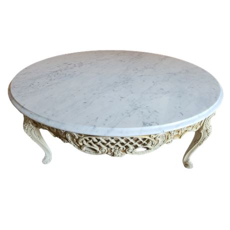 Custom Crafted P. Pikkel Interiors Marble Top Carved Wood Coffee Table