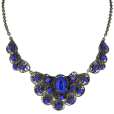 Vintage Lapis Lazuli Spelter Filigree Necklace