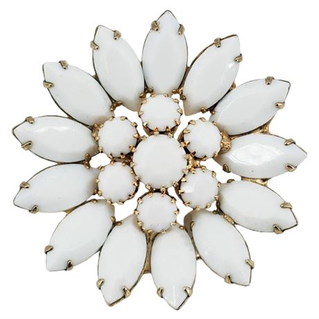 Vintage Prong Set Milk Glass Navette Flower Brooch