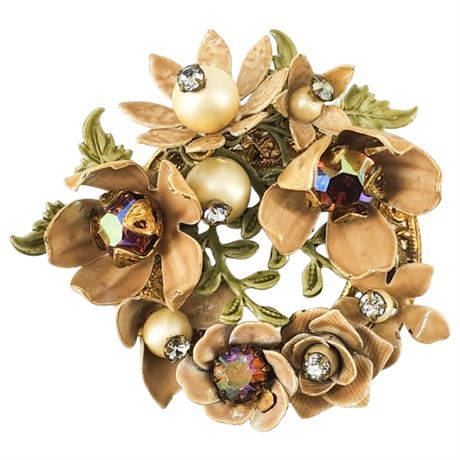 Vintage Enamel Flowers & Aurora Borealis Rhinestones Brooch