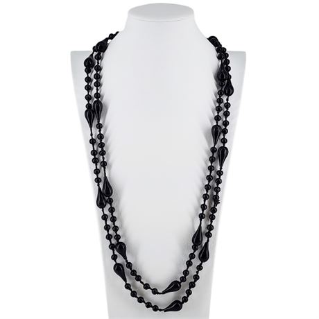 Vintage Hand Knotted Flapper Length Black Wood Beaded Necklace