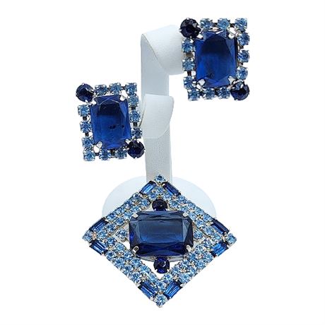 Unsigned Blue Rhinestone Brooch & Earrings Set