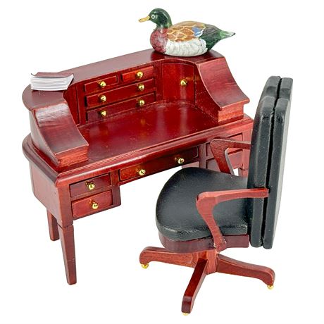 Miniature 1:12 Dollhouse Scale Mahogany Desk Set with Chair and Accessories